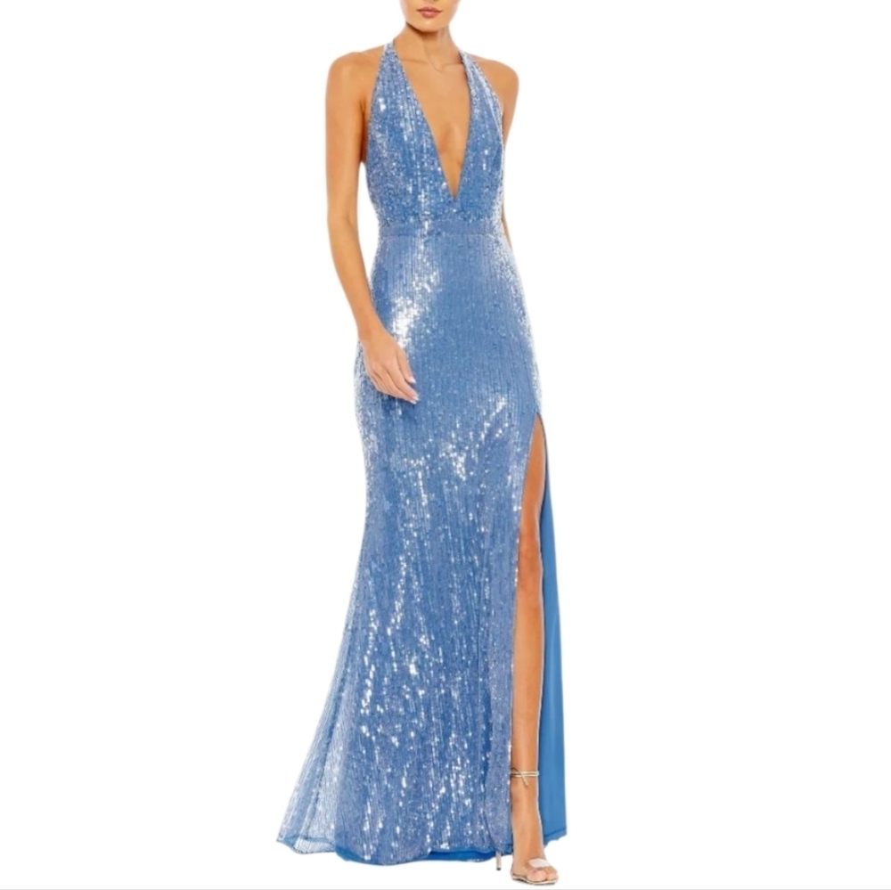 Mac Duggal Blue Sequin Halter Plunge Prom Gown